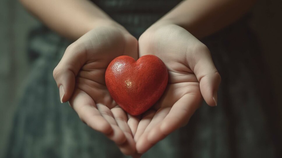  Zarte Hände halten ein strahlend rotes Herz, das als Symbol für Liebe, Gesundheit und den Geist des Gebens und der Mitmenschlichkeit steht.