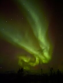 Magical green northern lights dance across the dark sky in a remote winter landscape.